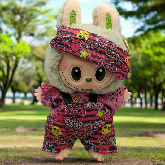 Labubu Outfit - Pink Novelty Print Overalls Set w/ Matching Hat