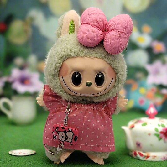 Labubu Outfit - Pink Polka Dot Dress Set w/ Pink Bow & Phone Accessory