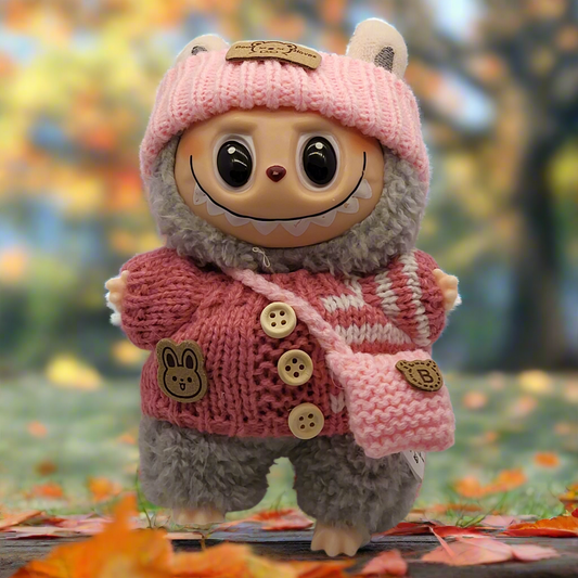 Labubu Outfit - Pink Knitted Sweater Set w/ Light Pink Knitted Hat & Purse