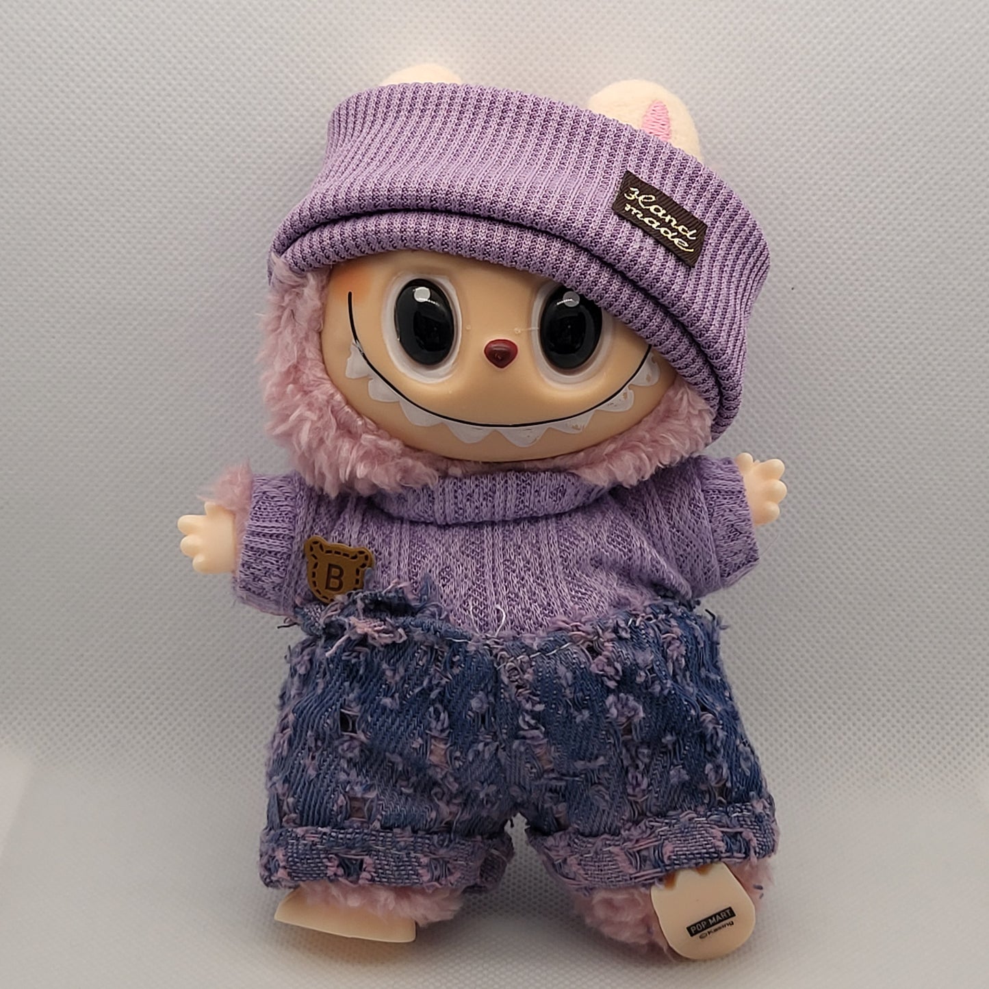 Labubu Outfit - Purple Knitted Sweater & Distressed Denim Jeans Set w/ Matching Purple Hat