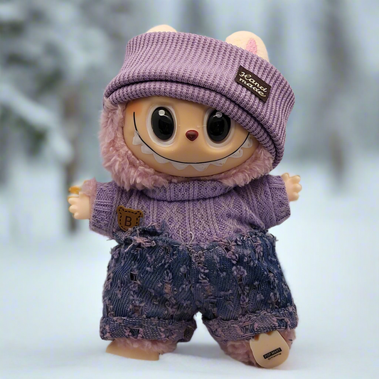 Labubu Outfit - Purple Knitted Sweater & Distressed Denim Jeans Set w/ Matching Purple Hat