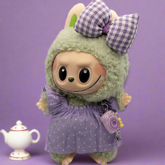 Labubu Outfit - Purple Polka Dot Dress Set w/ Purple Gingham Bow & Camera Accessory