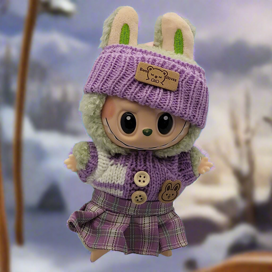 Labubu Outfit - Purple Knitted Sweater Skirt Set w/ Matching Purple Knitted Hat