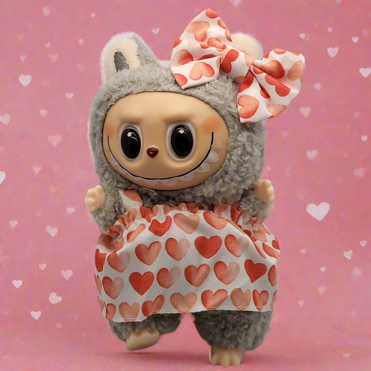 Labubu Outfit - Red Heart Print Dress Set w/ Matching Bow