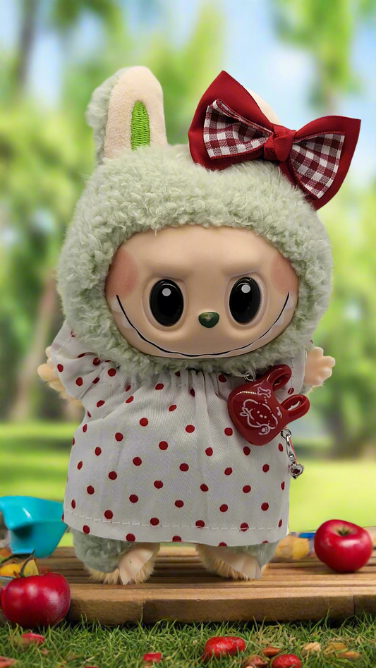 Labubu Outfit - White & Red Polka Dot Dress Set w/ Red Gingham Bow & Red Purse