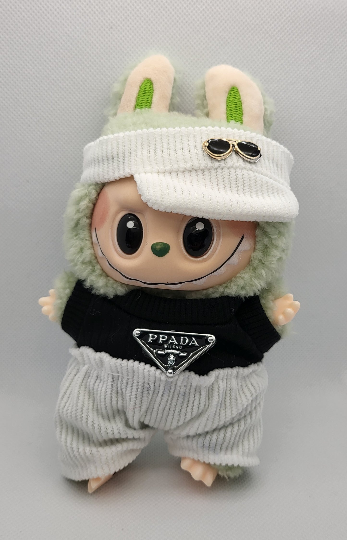Labubu Outfit - White & Black Prada Logo Loungewear Set w/ White Visor Hat