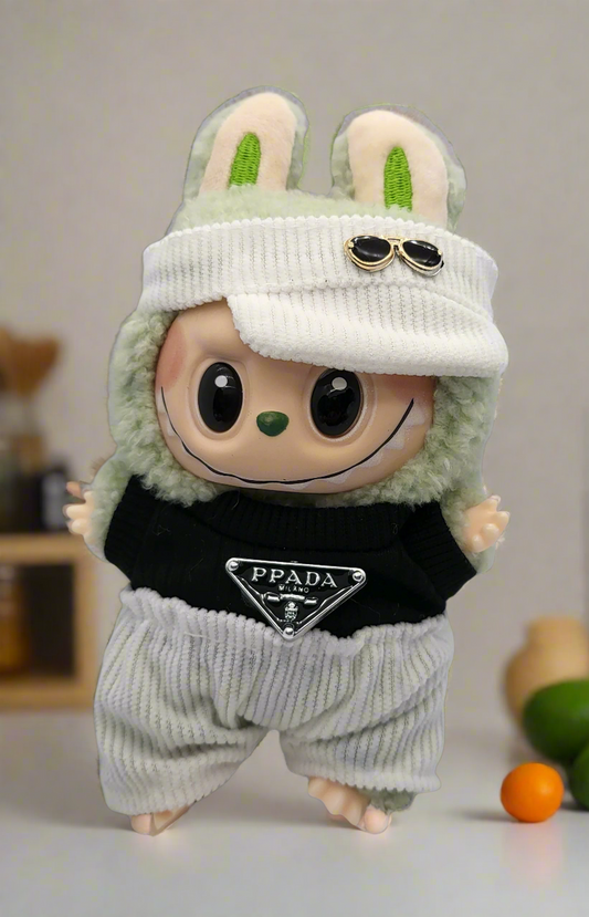 Labubu Outfit - White & Black Prada Logo Loungewear Set w/ White Visor Hat
