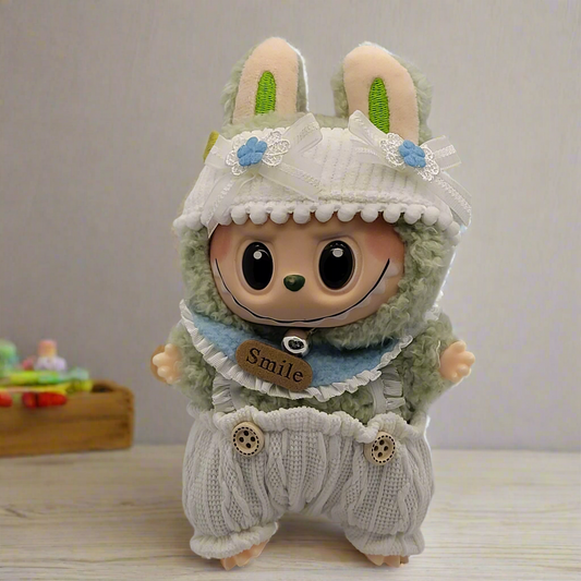 Labubu Outfit - White & Light Blue Overalls Set w/ Matching Hat