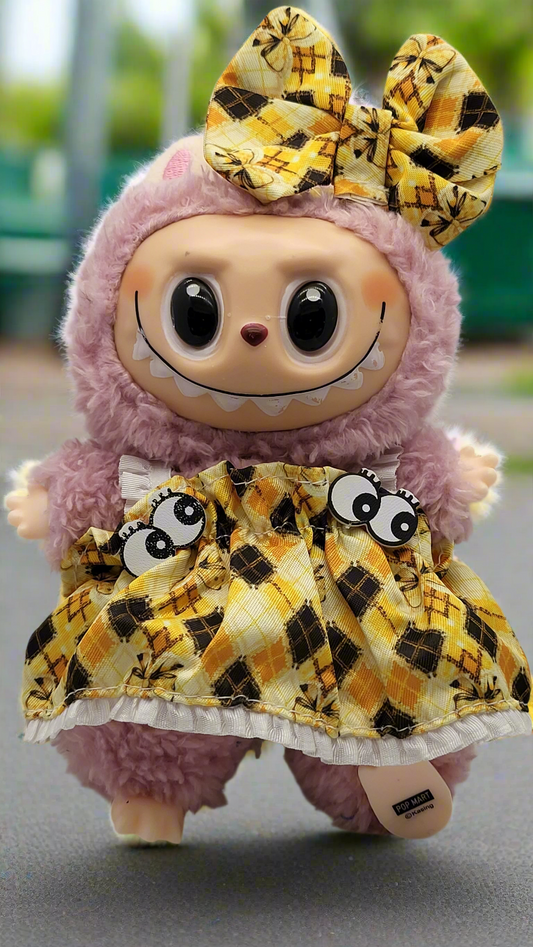Labubu Outfit - Yellow Diamond Print Dress Set w/ Matching Bow